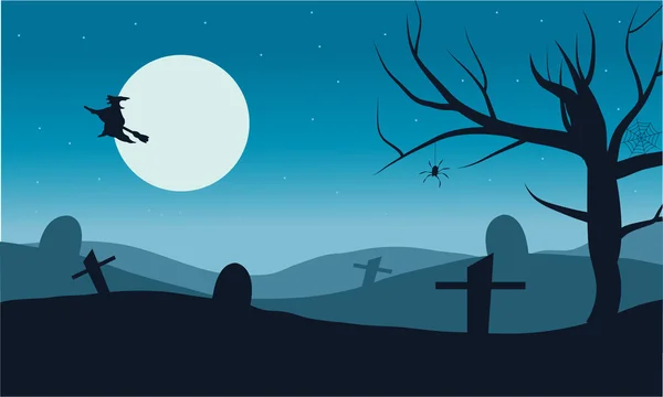 Sylwetka czarownicy latające w grobie wektor Halloween — Wektor stockowy
