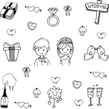 Doodle şirin set düğün vektör