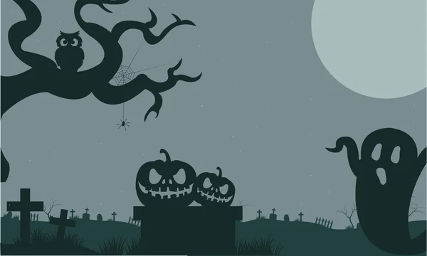 Fantasma de Halloween y calabazas en la tumba en la noche — Vector de stock