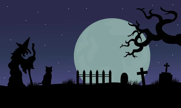 Halloween de silhueta de bruxa e gato — Vetor de Stock