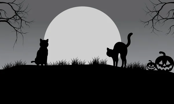 Silueta de gato de Halloween y luna — Vector de stock