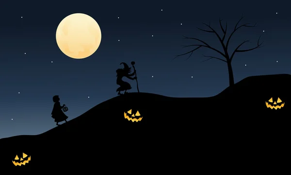 Silhouet van heks en meisje halloween — Stockvector