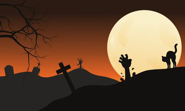 Halloween mano zombie e gatto di notte — Vettoriale Stock