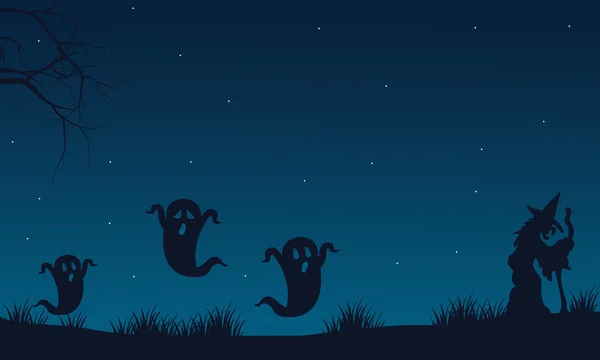 Silueta de Halloween fantasma y bruja — Vector de stock