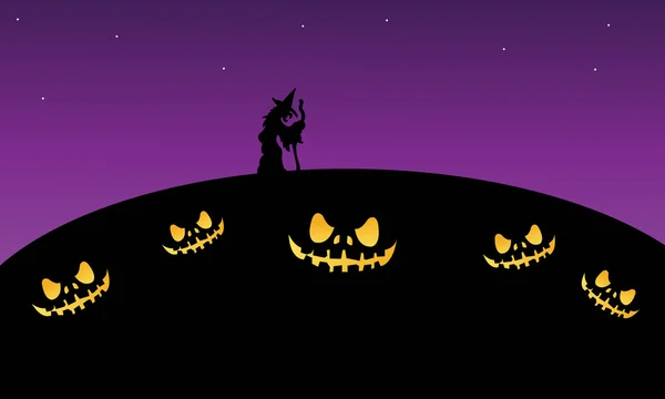 Enge halloween at night met heks — Stockvector