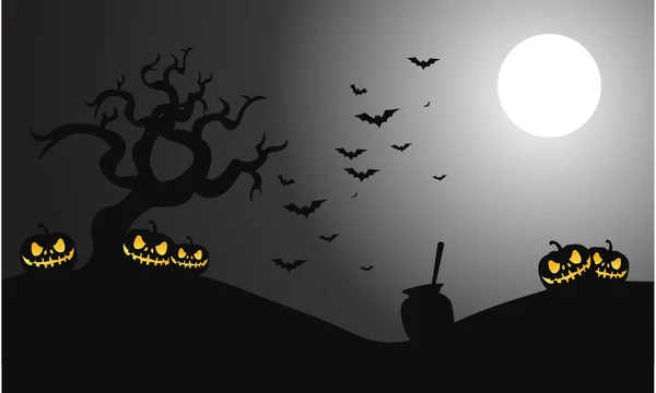 Silhouet van pompoenen en vleermuis halloween — Stockvector