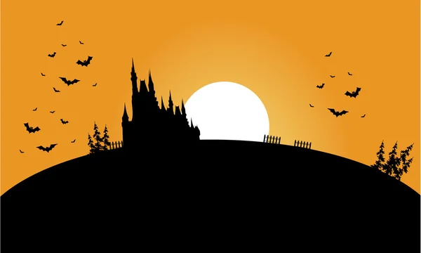 Silueta del castillo y el murciélago Halloween — Vector de stock