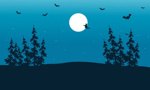 Silueta de bruja y murciélago Halloween — Vector de stock
