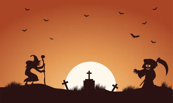 Stregone di Halloween e silhouette da strega — Vettoriale Stock