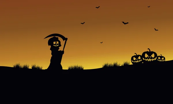 Halloween warlock en pompoenen silhouet — Stockvector