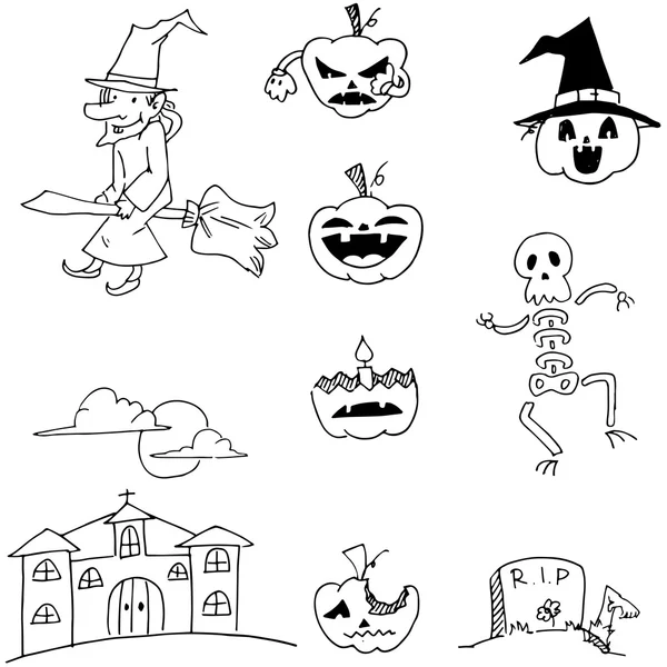 Halloween set pumpkins monster witch in doodle — Stock Vector