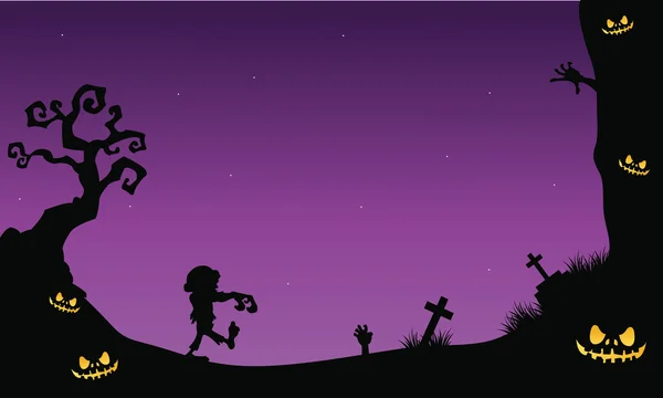 Zombie in graveyard Halloween silhouette — Stock Vector