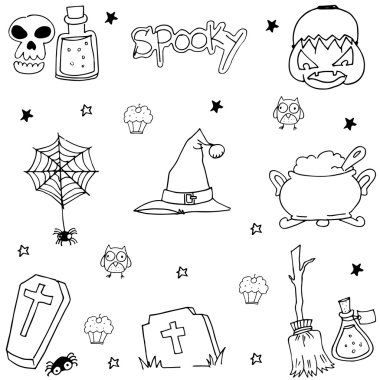 Cadılar Bayramı doodle siyah beyaz düz ayarla