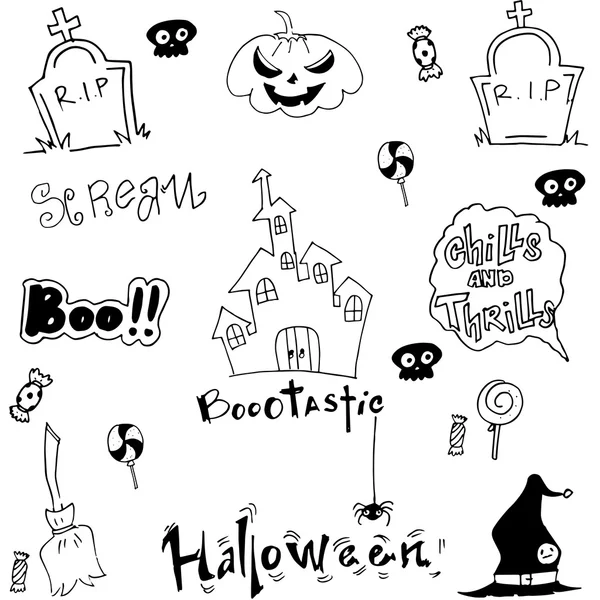 Halloween garabato vector arte castillo calabazas — Archivo Imágenes Vectoriales