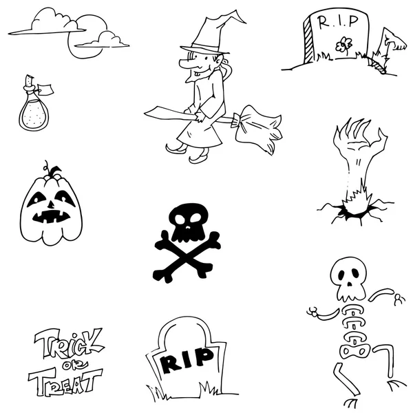 Pompoenen skul heks Halloween doodle — Stockvector