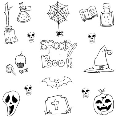 Kabaklar şapka kafatası doodle öğesinde cadılar süpürge