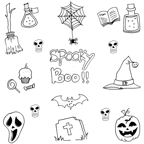 Pumpor hatt skalle kvast halloween element i doodle — Stock vektor