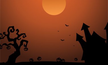 sahne Cadılar Bayramı kale kabak yarasa siluet