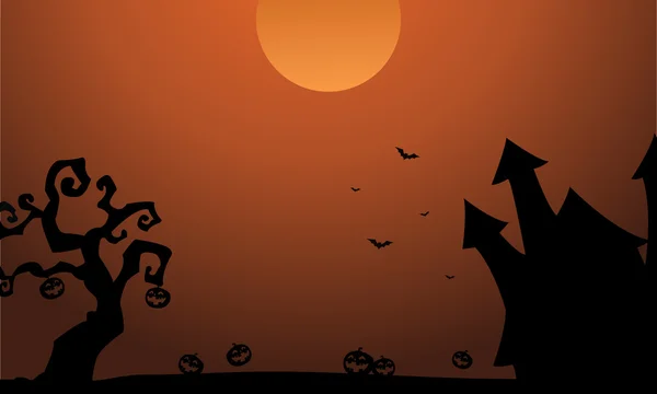 Paisaje Halloween castillo calabaza murciélago silueta — Vector de stock