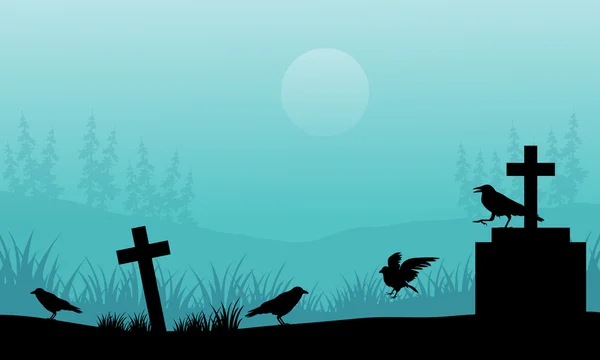 Silhouet van crow en graf Halloween met mist — Stockvector