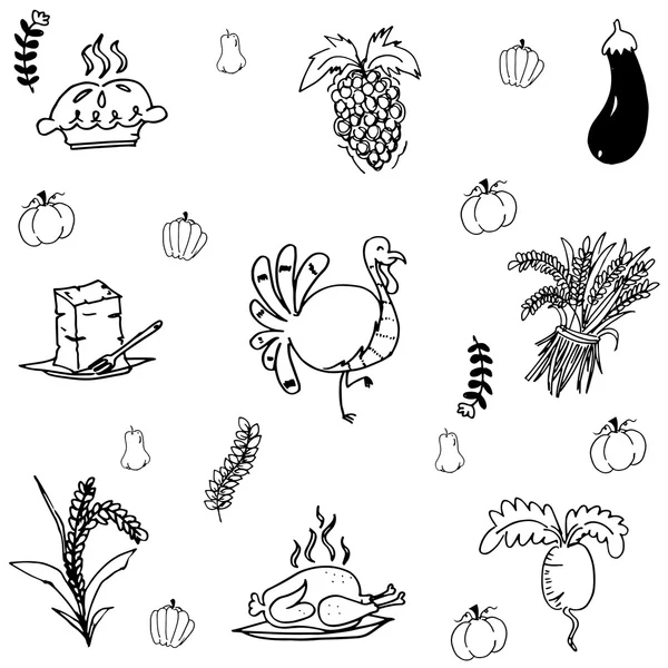 Doodle Thanksgiving dinde et légumes — Image vectorielle