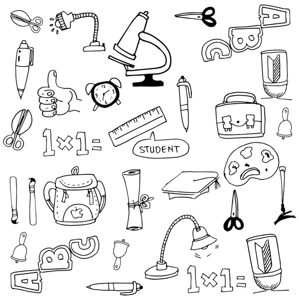 Kolekcja narzędzi zapasów szkoły w doodle — Wektor stockowy