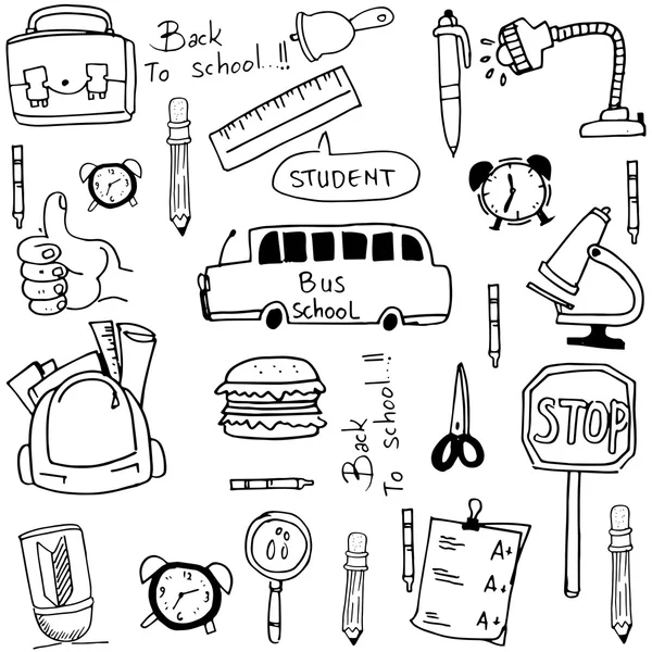 Hulpmiddelen school hand loting doodles — Stockvector