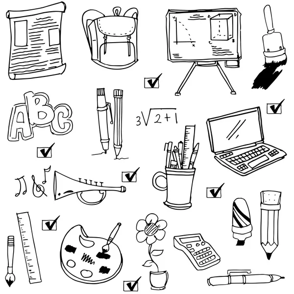 Linda mano dibujar objetos escolares garabatos — Vector de stock