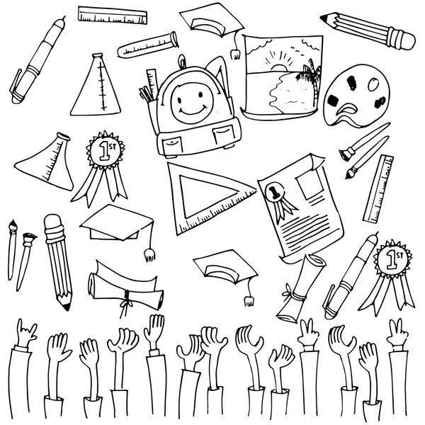 Muchas herramientas de educación escolar doodle vector — Vector de stock