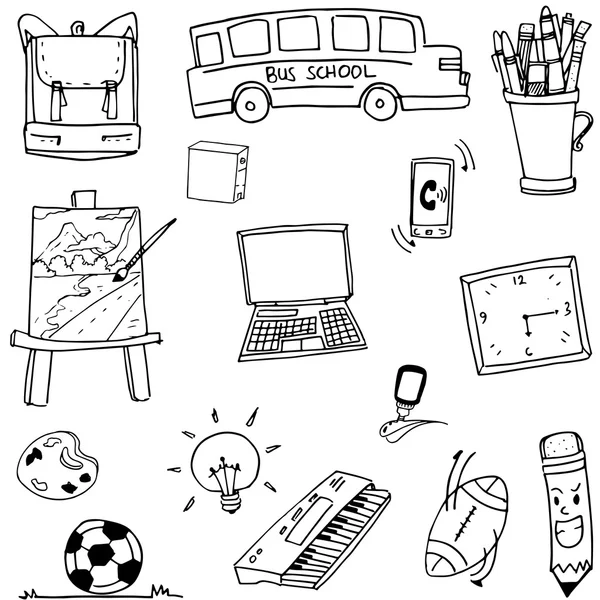Doodle van object schoolbus laptop bal — Stockvector
