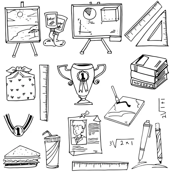 Doodle de escuela suministros pluma del libro de la regla — Vector de stock