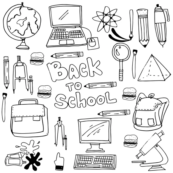 Doodle de fournitures scolaires de dessin à la main — Image vectorielle