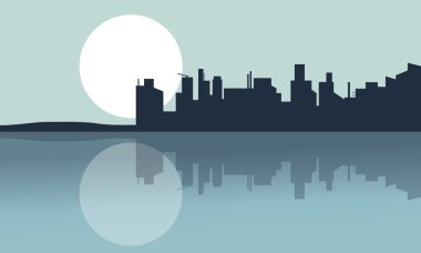 Silhouette şehir ve yansıması dolunay ile