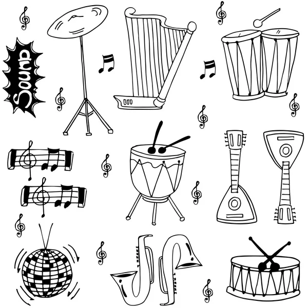 Doodle van hand loting gereedschap muziek — Stockvector