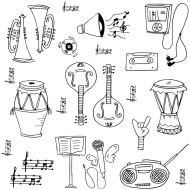 Beyaz arka plan üzerinde müzik aracı doodles