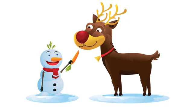Snowman feeding reindeer in Christmas — Stock Photo, Image