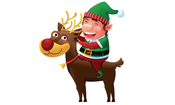 Elf riding reindeer sleigh in Christmas — Stock Vector