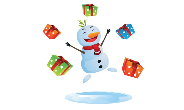 Happy snowman with gift boxes in Christmas — Stock Vector