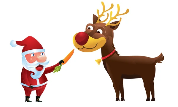 Santa feeding reindeer in Christmas — Stock Vector