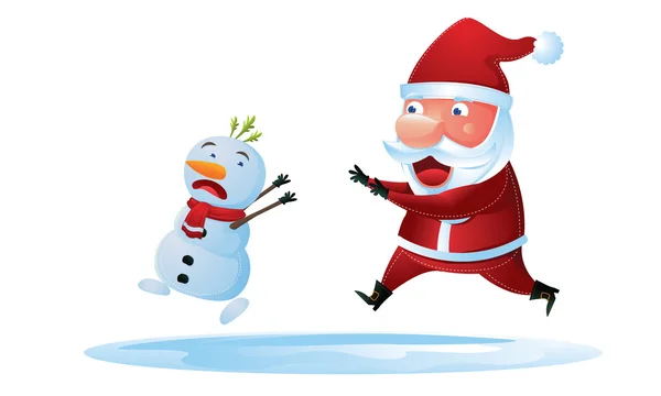 Santa y muñeco de nieve corriendo en Navidad — Vector de stock