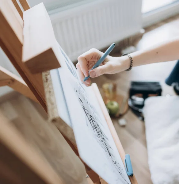 Artist Hand Process Working Modern Interior Woman Hand Draws Sketch — Stock Photo, Image