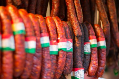Hungarian Salami on display at the Great market hall, Budapest clipart