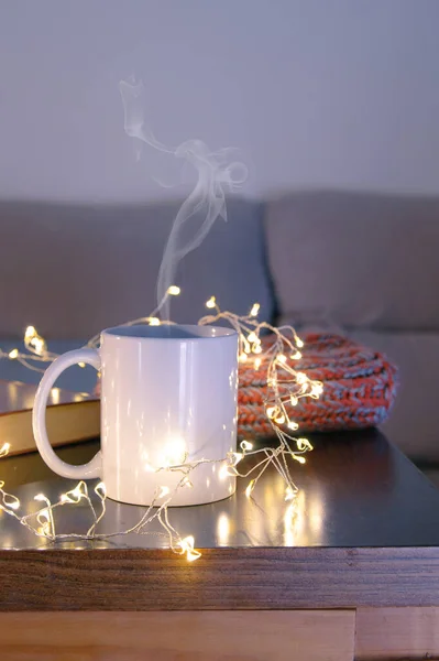 Close White Mug Hot Chocolate Wooden Table Living Room Cozy — Stock Photo, Image