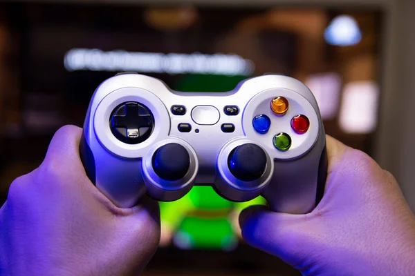 Close Man Hands Holding Video Game Controller Screen Background Gamer — Stock Photo, Image