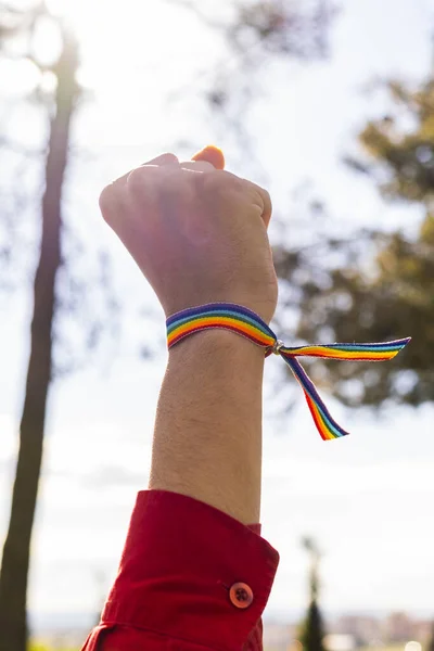 Pozvednutá Pěst Teplou Vlajkou Zápěstí Tvrzení Konceptu Gay Pride Day — Stock fotografie