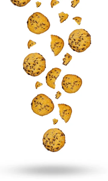 Kekse Mit Schokoladenstücken Schweben Auf Weißem Hintergrund Hausgemacht Bäckerei Internationaler — Stockfoto