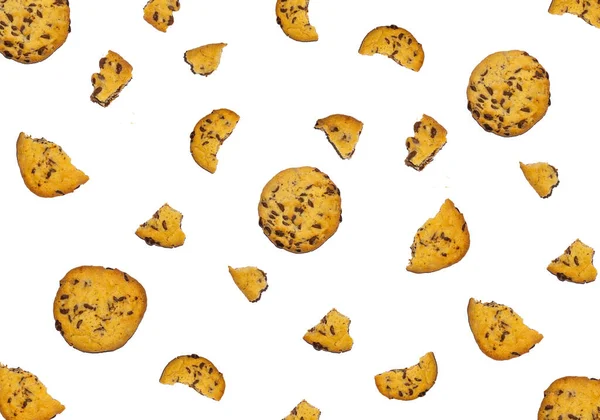 Cookies Mönster Med Choklad Chips Brun Bakgrund Hemgjort Bageri Internationella — Stockfoto