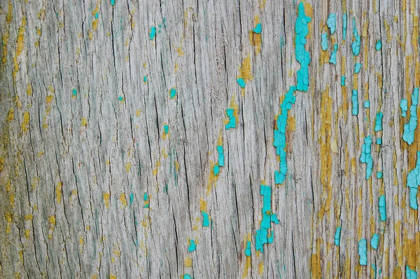 Blaue und gelbe Risse an einer Holzwand — Stockfoto