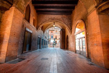 Neptün çeşmesi Bologna, İtalya - ortaçağ tuğlaları şehri kemerlerle donattı. Güneş ışığı anı 