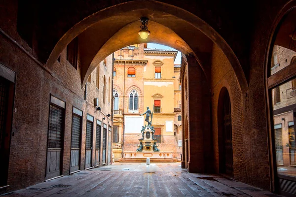 Fuente Neptuno Bolonia Italia Ciudad Medieval Ladrillos Con Arcos Momento — Foto de Stock